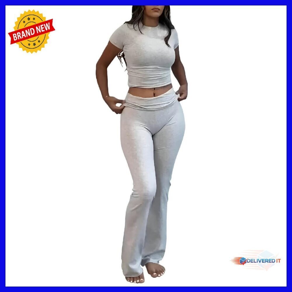 Soft Stretchy Lounge Set Crop Top Flare Pants Two Piece Outfit